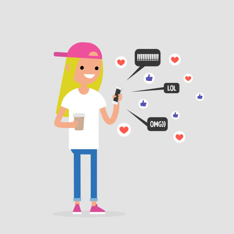 A dependent character is happily checking the many pop up notifications on their mobile phone. They are seeing a lot of validating hearts, thumbs up, and excited texts of exclamation points, "LOL", and "OMG".