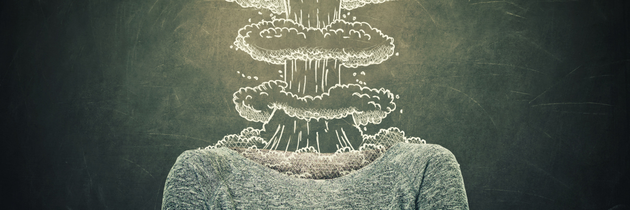 When Migraine Causes Transient Aphasia Symptoms An explosion looms over the body of a woman.