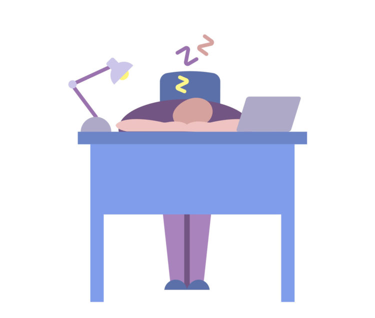 Tired flat icon vector illustration. Symbol of exhausted worker sleeping at workplace in office flat style design. Isolated on white background (Tired flat icon vector illustration. Symbol of exhausted worker sleeping at workplace in office flat style