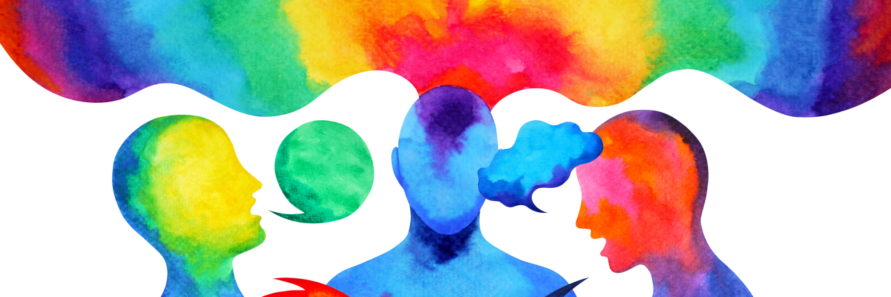 Experiencing Auditory Hallucinations With BPD painted image of 2 people speaking with a persona listening in the middle and a cloud of red, yellow, green, and blue thought bubbles above him