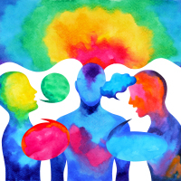 painted image of 2 people speaking with a persona listening in the middle and a cloud of red, yellow, green, and blue thought bubbles above him