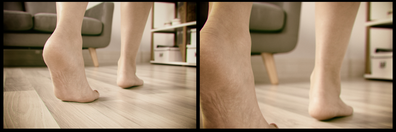 Problems With Walking Due to Rheumatoid Arthritis Woman's foot walking on hardwood floor.