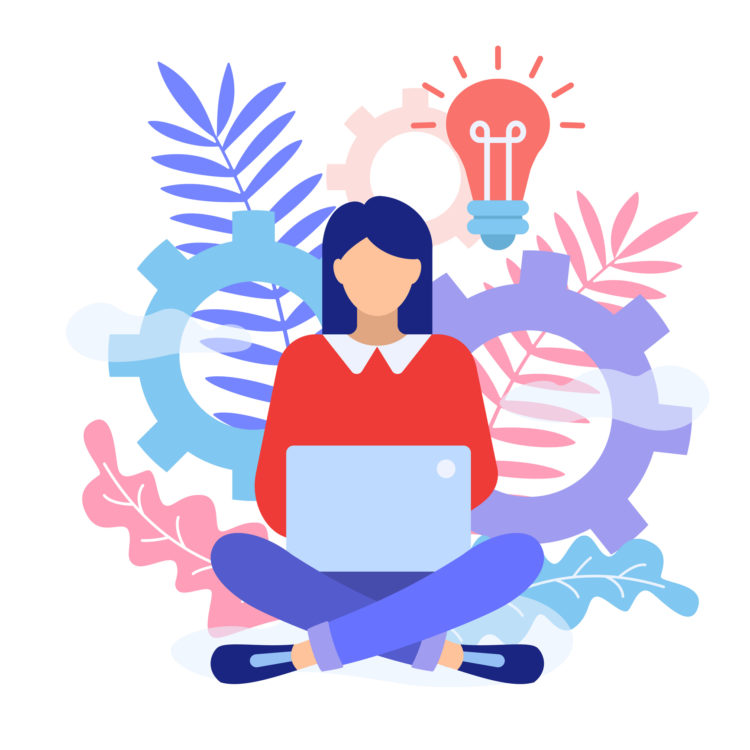 A woman is sitting on the floor with legs crossed and typing on laptop. Girl blogger work in social media. Freelancer concept. Flat style character vector illustration isolated on white background.