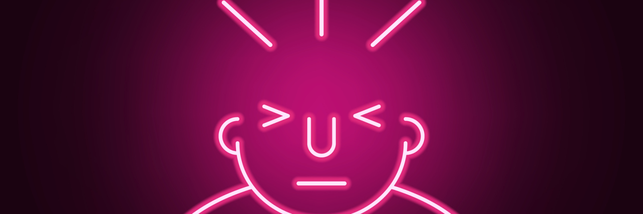 Neon style icon showing a person whose head hurts.