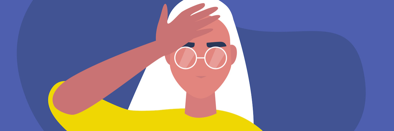 The Connection Between PTSD and Migraine Illustration of a woman with long hair and circular classes resting her hand on her forehead.