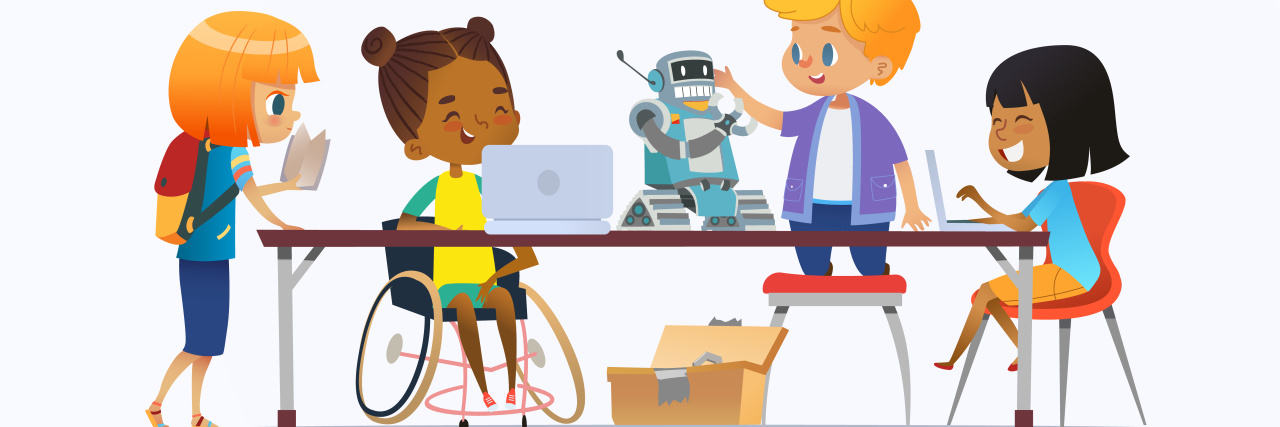 The True Meaning of Disability Inclusion Cartoon of African-American girl in wheelchair working on a project with classmates.
