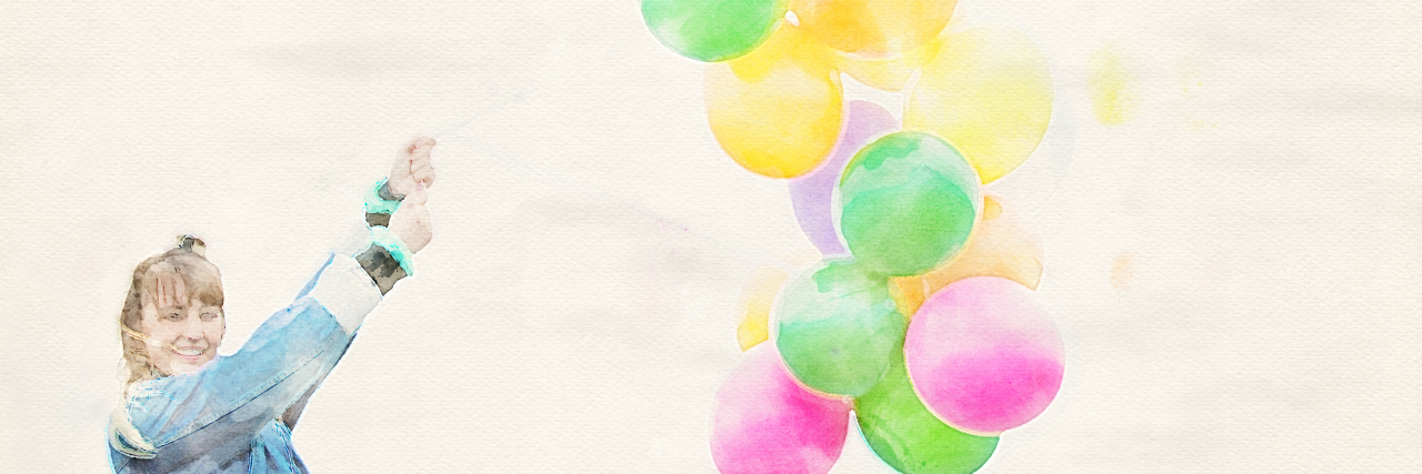 Celebrating the Anniversary of My Chronic Illnesses Painting of young women in a blue jacket leaning back holding pink, green, and yellow balloons