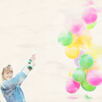 Painting of young women in a blue jacket leaning back holding pink, green, and yellow balloons