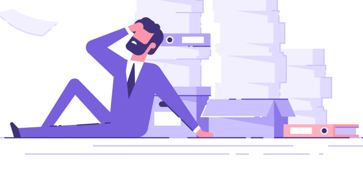 Tired businessman sitting on the floor clutching his head with the piles of paper document around. Overwork concept. Modern vector illustration.