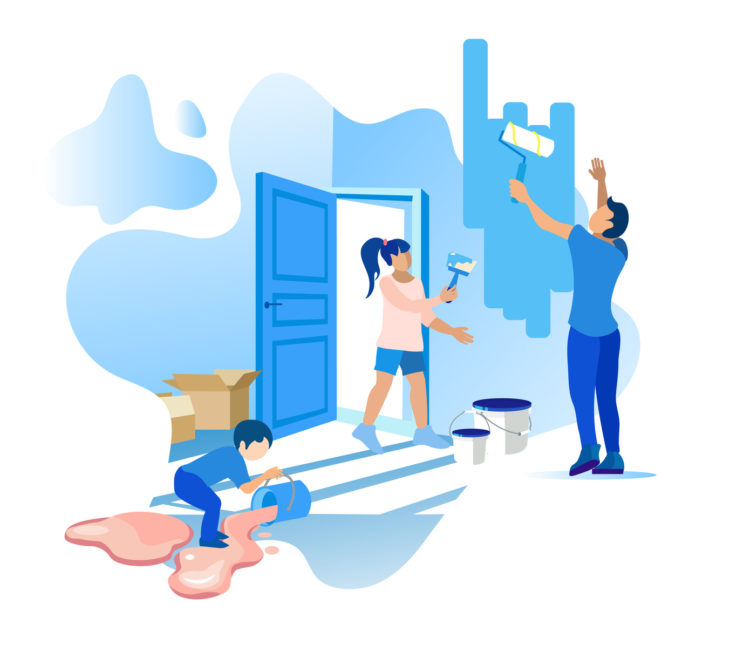 Home Improvements and Family Relationship Cartoon Flat Banner with Editable Promotion Text. Father Paints Walls Inside at Home. Daughter and Son Help. Boy Spilled Paint on Floor. Vector Illustration (Home Improvements and Family Relationship Cartoon F