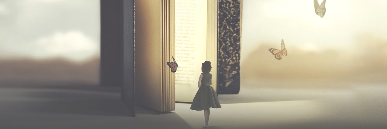 Woman walking into a book with butterflies.
