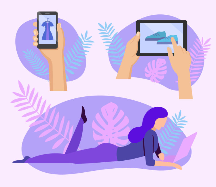 Woman doing online shopping at home with laptop. Human hands and online store on mobile gadget screen. Retail promotion and advertisement banner in flat style. Internet business vector illustration.