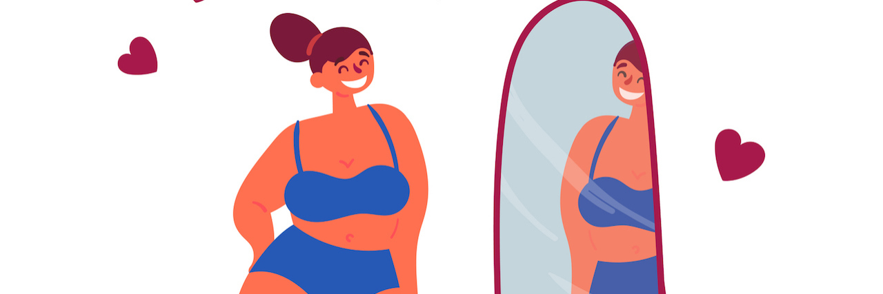 An illustration of a fat woman looking in the mirror
