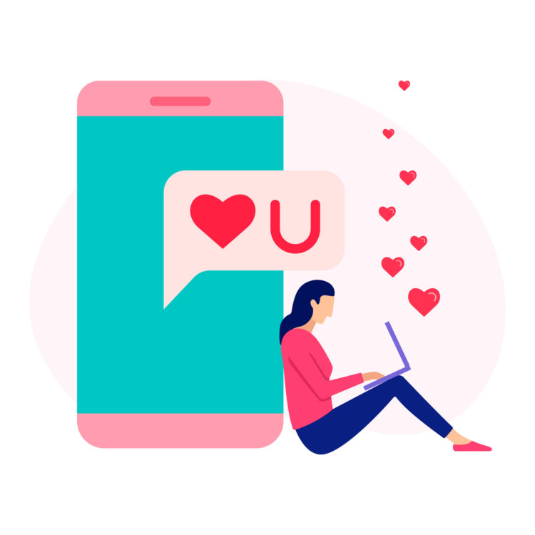Lovers messaging online concept. Social media with phone, heart, message use online meeting app for chatting. Woman with laptop searching for romantic partner online.