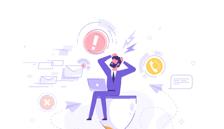 Tired and exasperated office worker is sitting on an hourglass and grabbed his head with business process icons and infographics on background. Stress in the office. Rush work. Deadline. Vector.