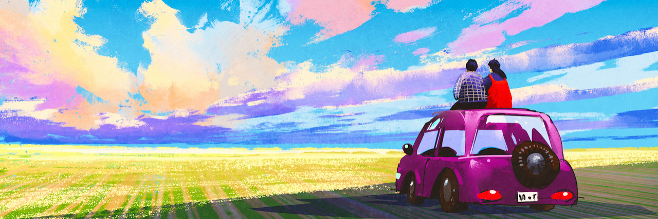 Illustration of couple on top of car looking at colorful landscape