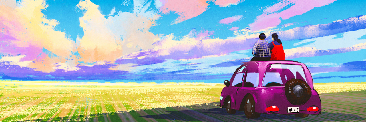 Mental Illness and Your Relationship Illustration of couple on top of car looking at colorful landscape