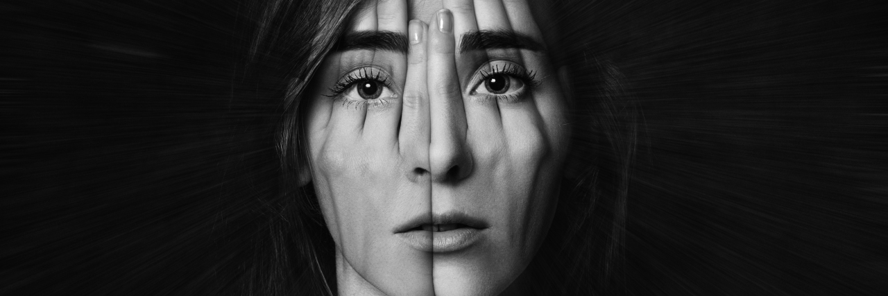 Double exposure photo of woman covering her face.