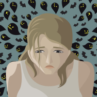 A illustration of a woman with dark ghosts around her head
