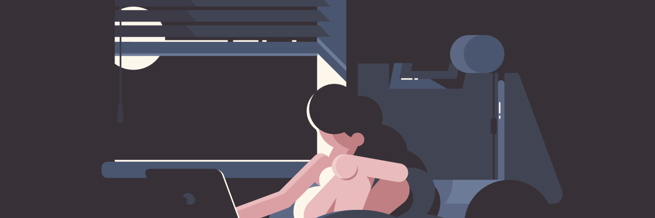 The Side Effects of Prednisone at Nighttime illustration of a woman lying in bed at night, on her computer