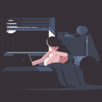 illustration of a woman lying in bed at night, on her computer