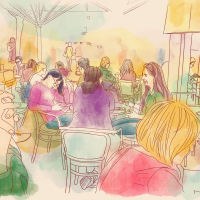 Digital handmade drawing of people at a cafe