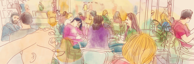 Digital handmade drawing of people at a cafe