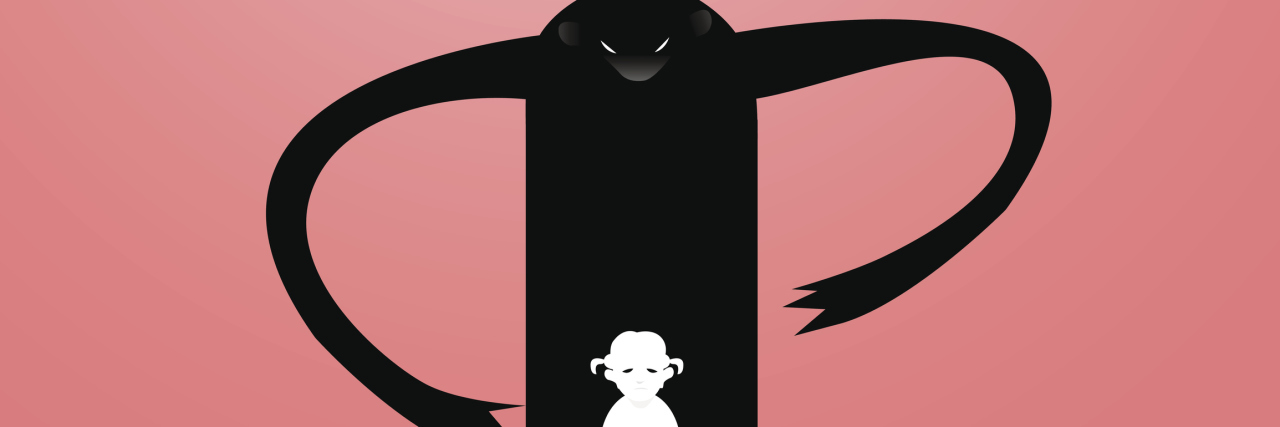 Vector drawing of a sad, depressed girl surrounded by one monster.