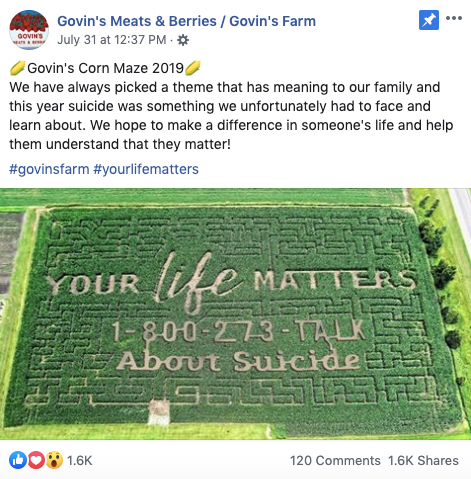 Facebook post from Govin's Farms reads: ????Govin's Corn Maze 2019???? We have always picked a theme that has meaning to our family and this year suicide was something we unfortunately had to face and learn about. We hope to make a difference in someone's life and help them understand that they matter!