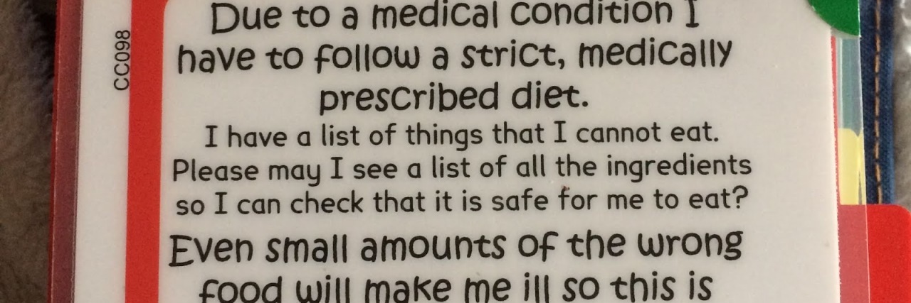 We Need Better Food Allergy Labeling Wallet card explaining Naomi's food allergies.