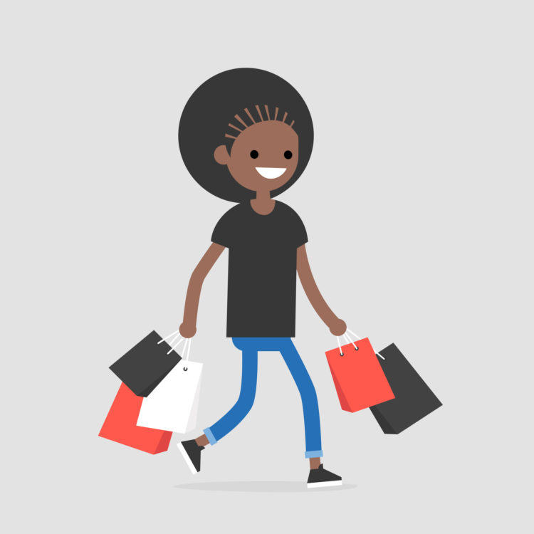 Young black female trendy character walking with the shopping bags / flat editable vector illustration