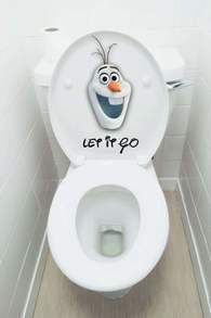 It is a picture of a toilet seat with Olaf from Frozen saying, "Let it go."