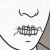 Black and white illustration of a face with its lips sewn shut. Text overlay reads 15 lies people tell while manic.