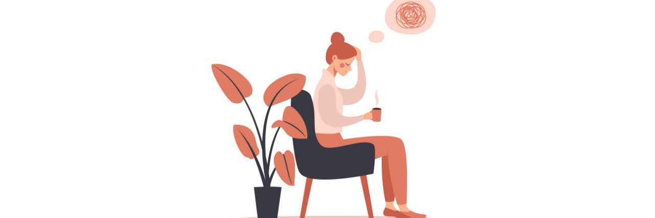 How to Ask for Migraine Accommodations at Work Woman holds a cup of coffee in one hand and rubs her head with the other