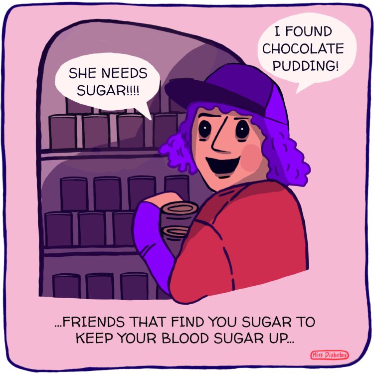 friends that find you sugar to keep your blood sugar up, drawing of dustin saying she needs sugar, chocolate pudding