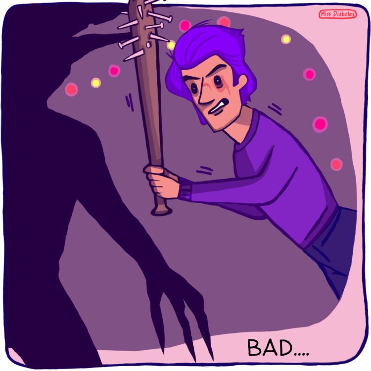 boy holding bat with nails in it , text "bad"