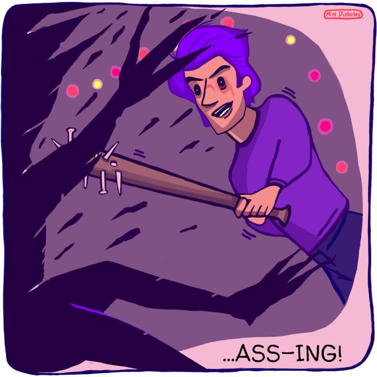 boy hitting demagorgon with bat with nails, text "ass-ing"