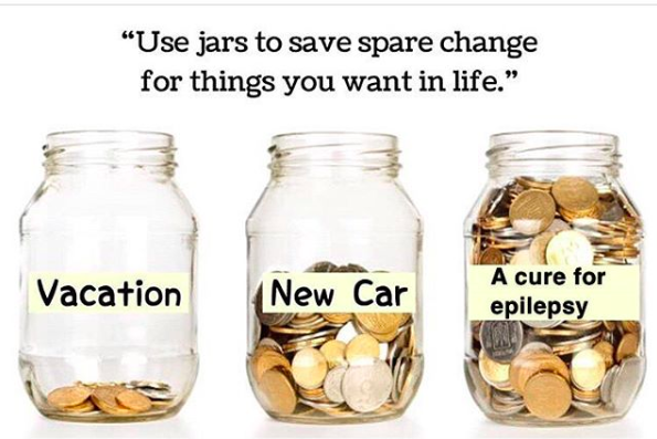 jars for spare change to save for things you want, vacation jar, new car jar and cure for epilepsy jar full of coins