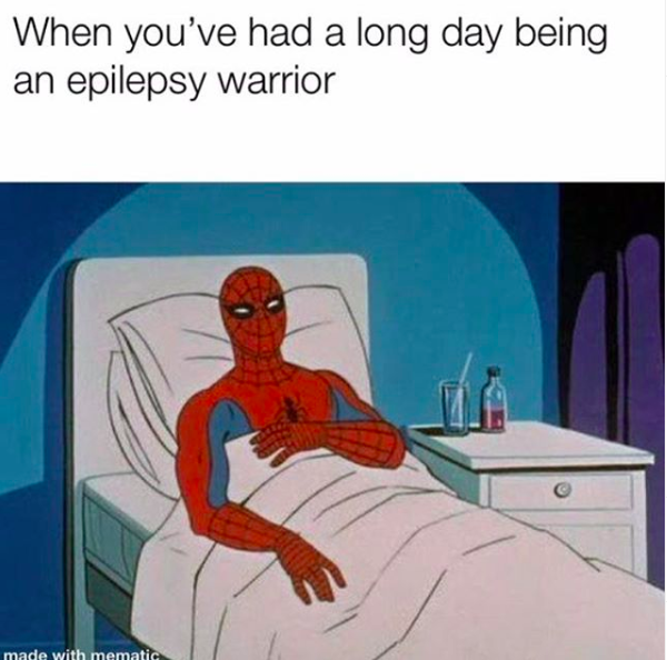 spiderman in bed, caption, when you've had a long day being an epilepsy warrior