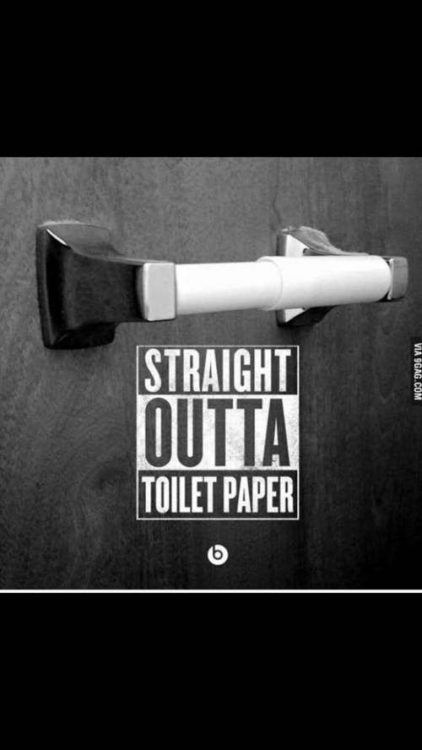 This shows an empty toilet paper roll and says, "Straight Outta Toilet Paper."