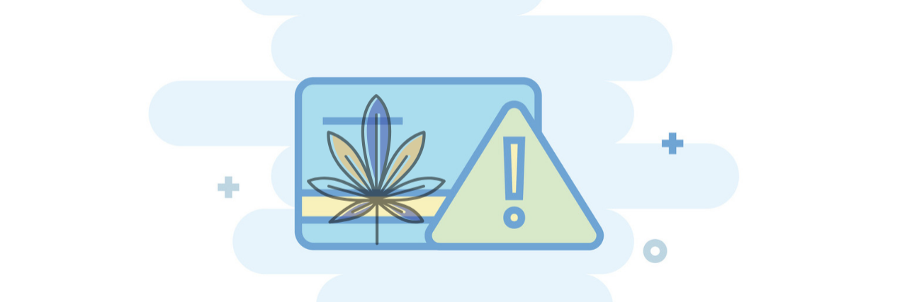 Illustration of a credit card with a caution sign and cannabis leaf.