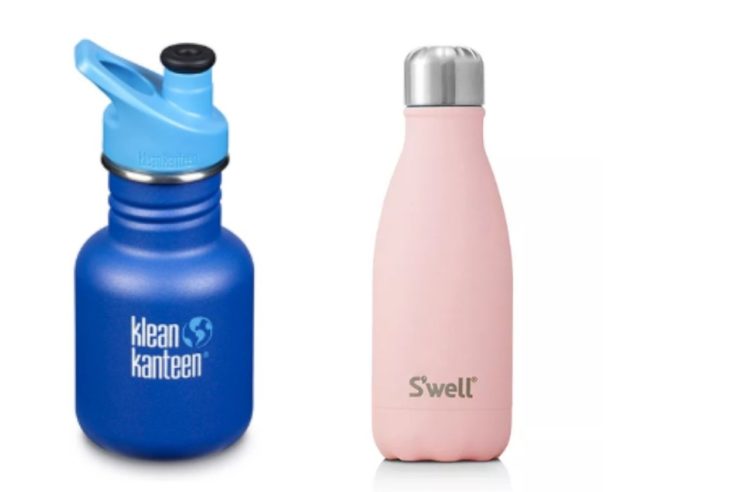 blue water bottle and pink water bottle