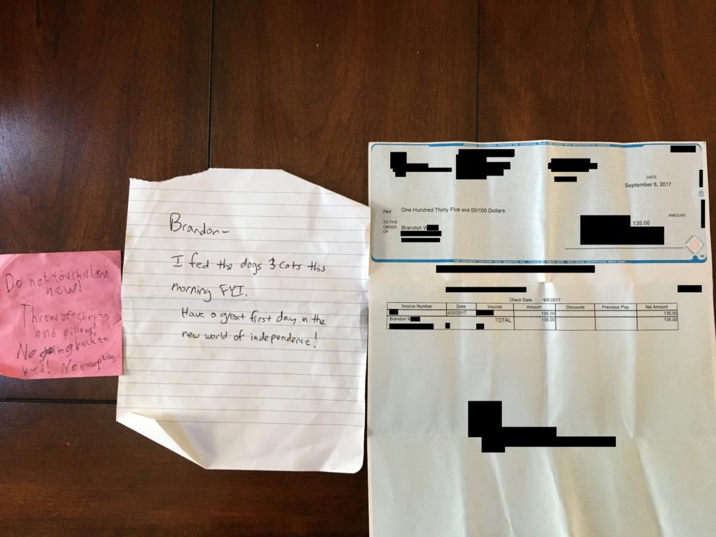 photo of three pieces of paper from article - a post-it note, a scrap of paper and a cheque