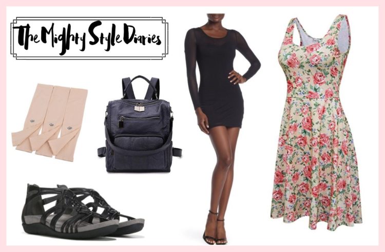 black dress, floral dress, black sandal, backpack and flesh tone picc cover