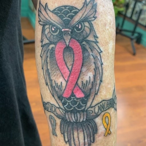 owl with pink breast cancer ribbon on its front
