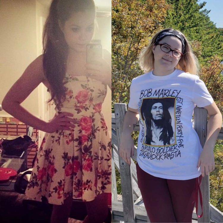 woman's before and after photo in dress then in t-shirt and yoga pants