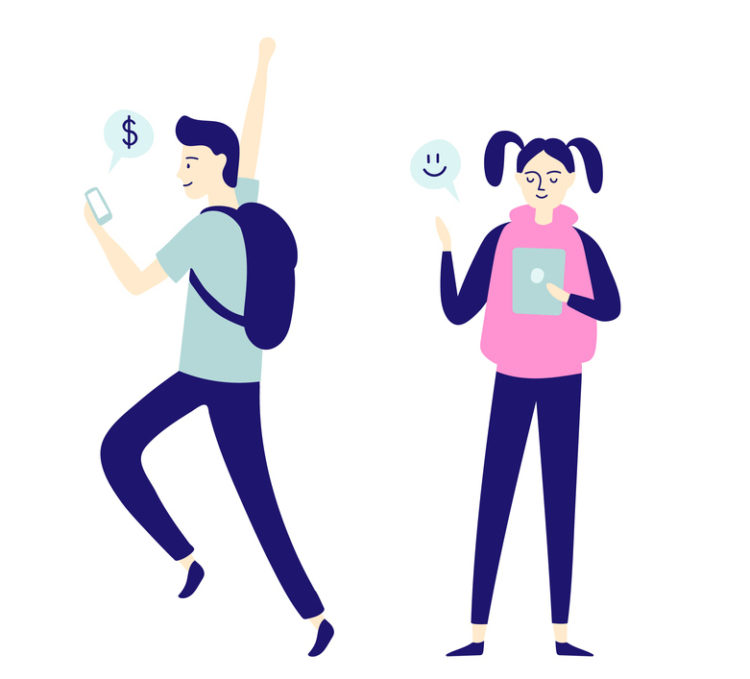 Character with smartphone. Smartphones in people hands, man talk on mobile phone, girl texting or woman and pair taking selfie. Flat characters hold gadgets vector isolated icon set (Character with smartphone. Smartphones in people hands, man talk on