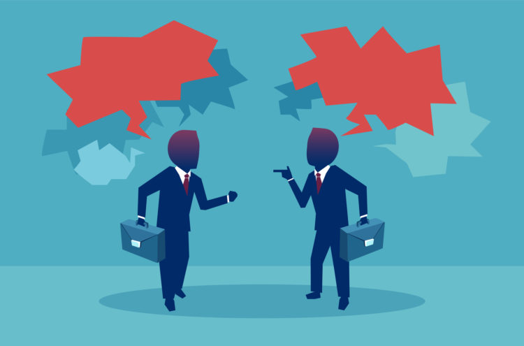 Flat style of two businessman having debates during meeting with red speech bubbles on blue background