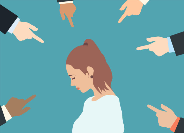 Concept of accusation guilty person. Vector of a sad woman looking down many fingers pointing at her isolated on green background.