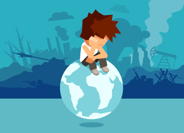 Concept illustration of unhappy abandoned boy sitting on globe and suffering from climate change and war and global problems.